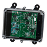 Close-up of a green circuit board from Lodar LTD's 2 Function Lodar Replacement FET Receiver | 92 Series, encased in a transparent plastic box with mounting holes, boasting an IP67 rating for optimal protection.