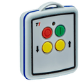 The 2 Function Lodar Replacement Mini Transmitter from the 11 Series by Lodar LTD includes a compact handheld remote featuring four vibrant buttons: two yellow, one red, and one green, designed for easy control.