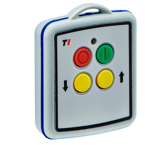 The 2 Function Lodar Replacement Mini Transmitter from the 11 Series by Lodar LTD includes a compact handheld remote featuring four vibrant buttons: two yellow, one red, and one green, designed for easy control.