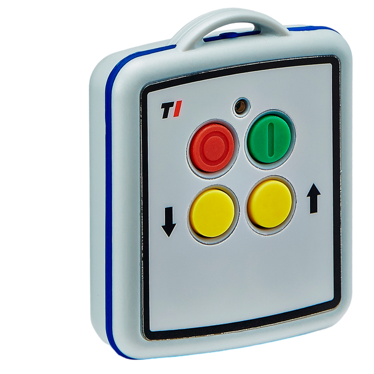 The 2 Function Lodar Replacement Mini Transmitter from the 11 Series by Lodar LTD includes a compact handheld remote featuring four vibrant buttons: two yellow, one red, and one green, designed for easy control.