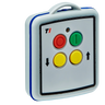 The 2 Function Lodar Replacement Mini Transmitter from the 11 Series by Lodar LTD includes a compact handheld remote featuring four vibrant buttons: two yellow, one red, and one green, designed for easy control.