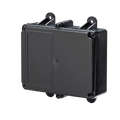 A black, rectangular junction box featuring a hinged lid and wall-mount brackets, designed to house components of the 2 Function Lodar Replacement Relay Receiver by Lodar LTD, and is weatherproof.