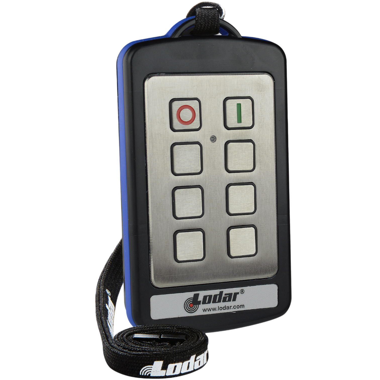 Introducing the Lodar LTD 6 Function Lodar Replacement Stainless Steel IP Transmitter from their 92 Series. Equipped with a strap, it features six buttons and boasts an IP 65 rating for protection. The transmitter includes red and green circular buttons labeled O and I, ensuring durability and user-friendliness.