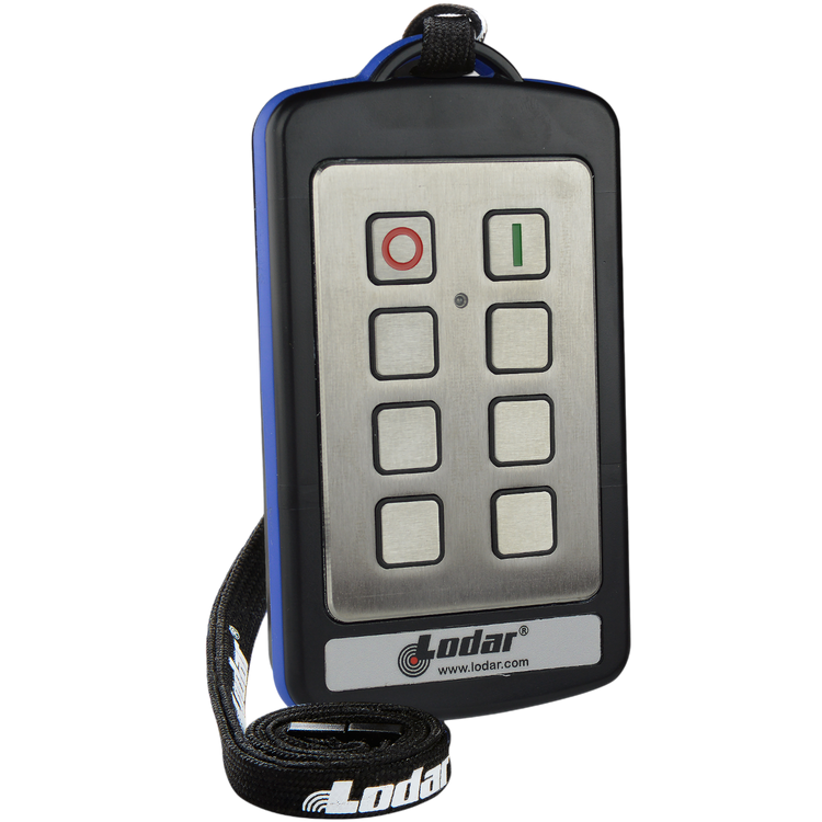 Introducing the Lodar LTD 6 Function Lodar Replacement Stainless Steel IP Transmitter from their 92 Series. Equipped with a strap, it features six buttons and boasts an IP 65 rating for protection. The transmitter includes red and green circular buttons labeled O and I, ensuring durability and user-friendliness.