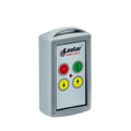 The gray remote control from Lodar LTD, featuring their branding on top, includes four colored buttons: red, green up, yellow down, and black. It is compatible with the 2 Function Lodar Replacement Standard Transmitter from the 9000 Series.