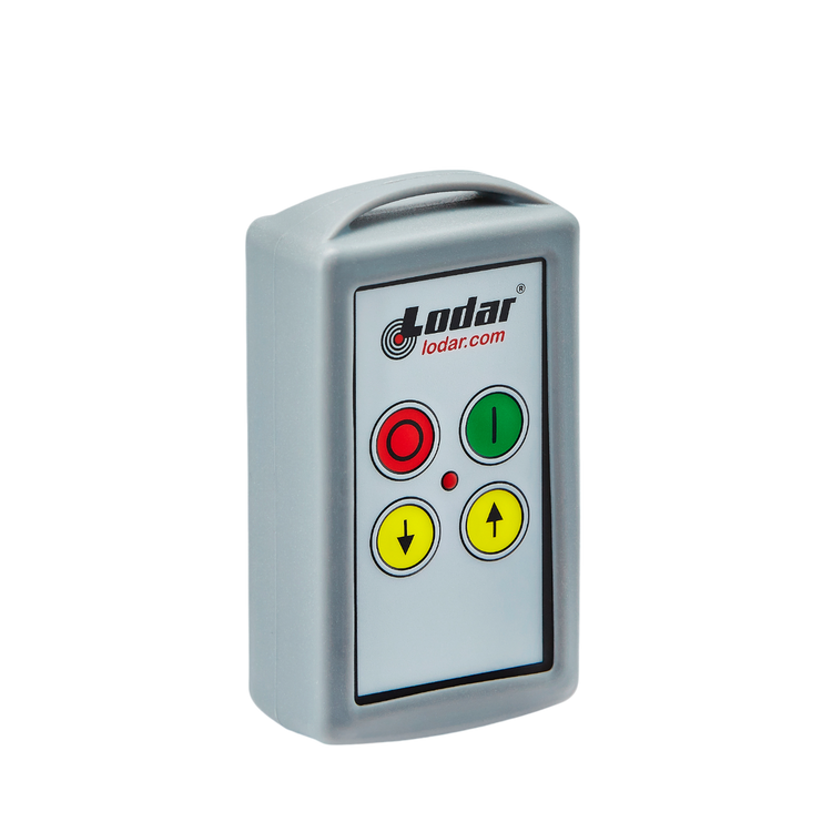 The gray remote control from Lodar LTD, featuring their branding on top, includes four colored buttons: red, green up, yellow down, and black. It is compatible with the 2 Function Lodar Replacement Standard Transmitter from the 9000 Series.