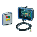The Lodar LTD 2 Function Mini Wireless Control System from the 11 Series, equipped with a FET receiver and no master output, includes a wired electronic circuit box and control panel with red, yellow, and green buttons on a white background. It is designed to offer low energy consumption.