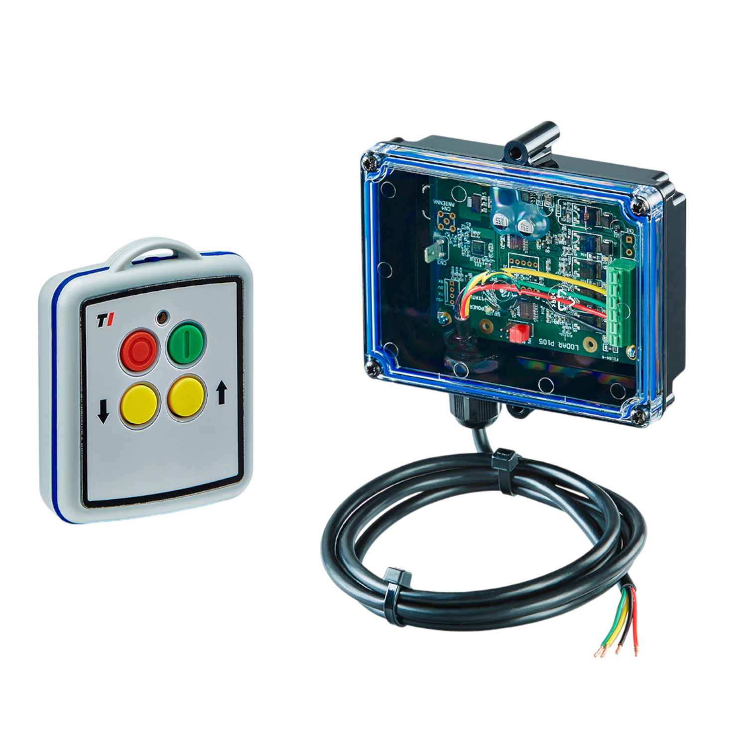 The Lodar LTD 2 Function Mini Wireless Control System from the 11 Series, equipped with a FET receiver and no master output, includes a wired electronic circuit box and control panel with red, yellow, and green buttons on a white background. It is designed to offer low energy consumption.