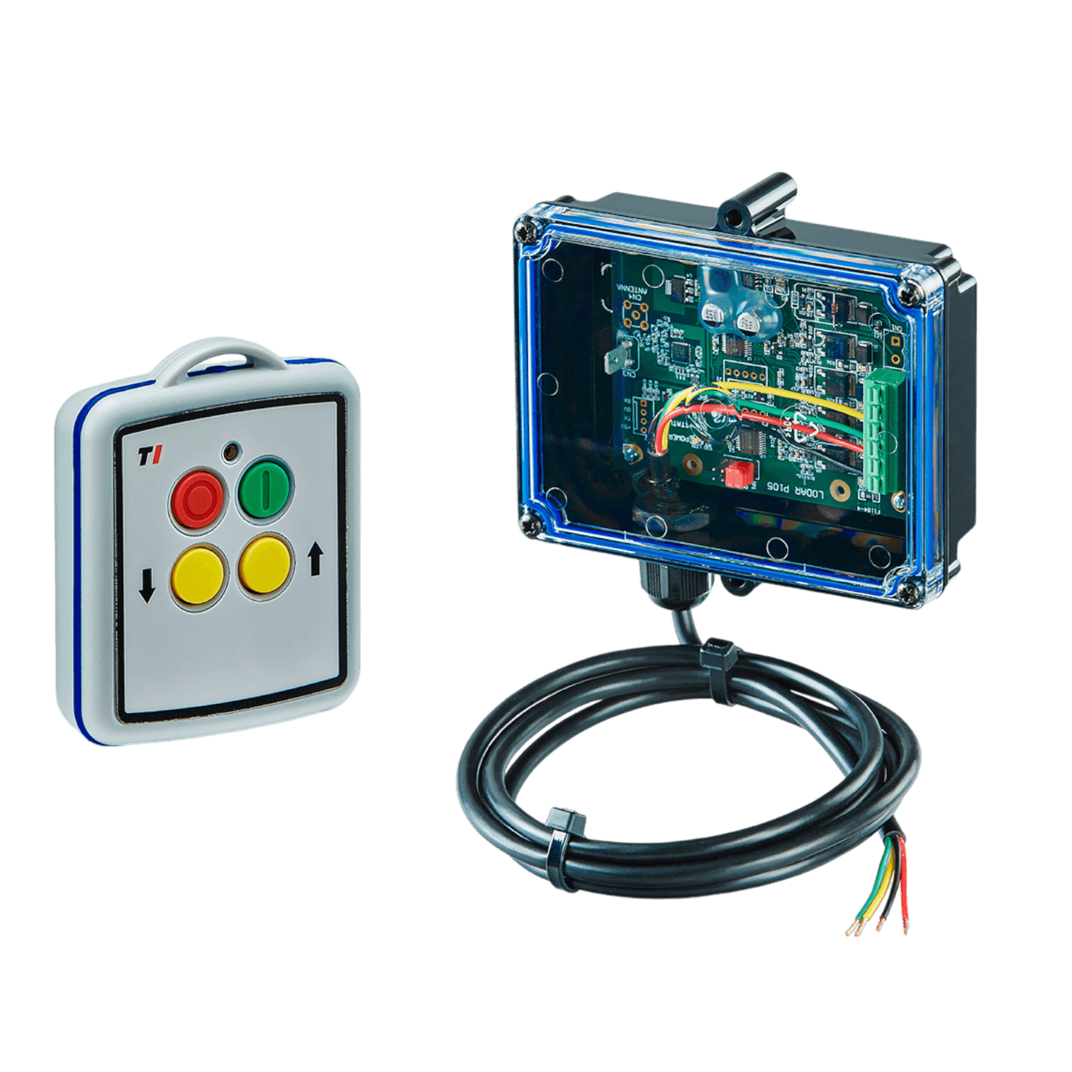 The Lodar LTD 2 Function Mini Wireless Control System from the 11 Series, equipped with a FET receiver and no master output, includes a wired electronic circuit box and control panel with red, yellow, and green buttons on a white background. It is designed to offer low energy consumption.