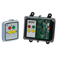 The 2 Function Mini Wireless Control System from Lodar LTD, part of the 92 Series, includes two electronic control panels with a circuit board and features buttons in red, green, and yellow. This system is designed for durability with an IP67 rating and incorporates a keypad relay receiver for smooth wireless functionality.