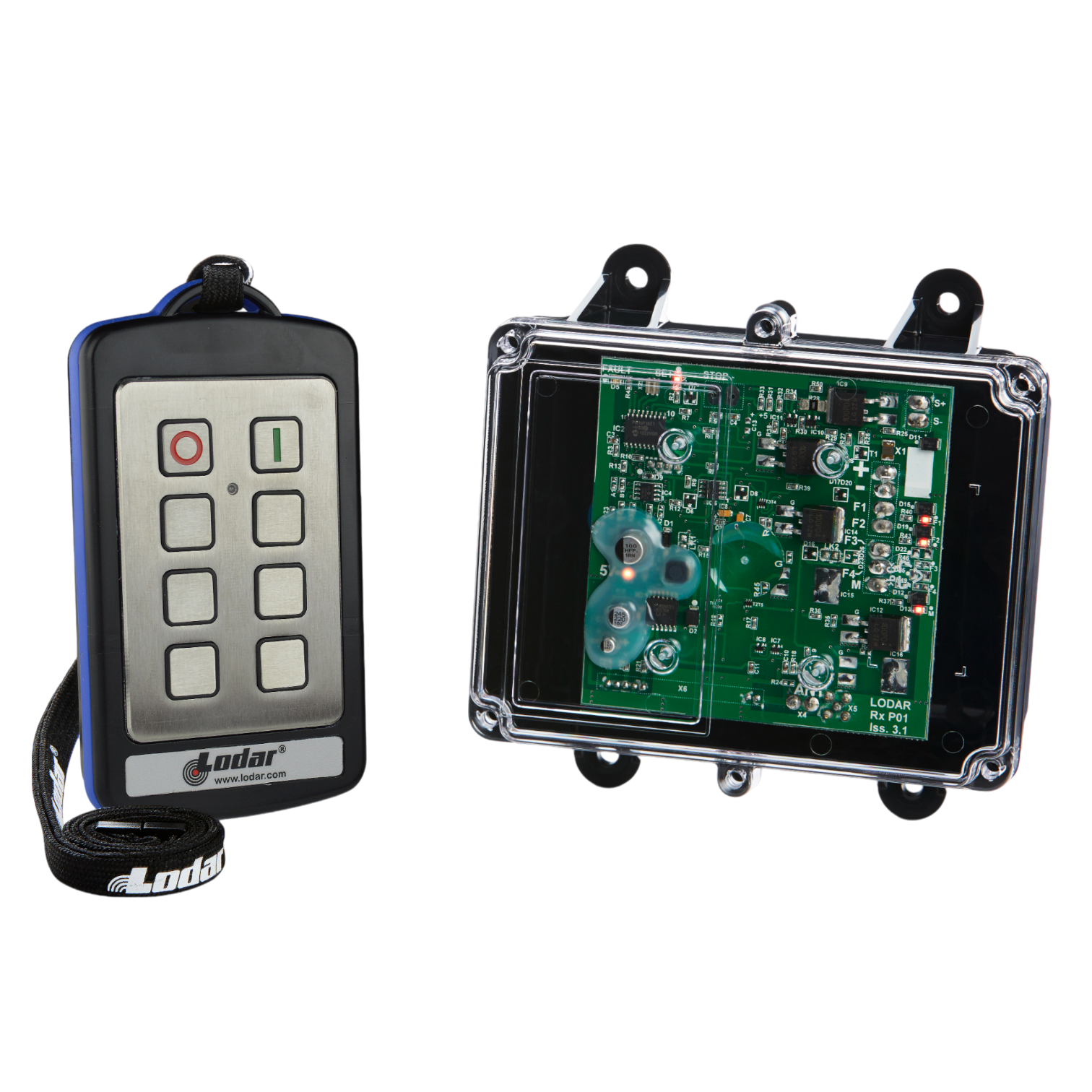 The 2 Function Stainless Steel IP Wireless Control System from Lodar LTD's 92 Series, featuring a FET Receiver, includes buttons placed alongside a clear-cased electronic circuit board, making it perfect for industrial environments.