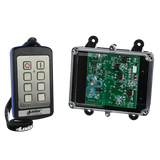 The 2 Function Stainless Steel IP Wireless Control System from Lodar LTD's 92 Series, featuring a FET Receiver, includes buttons placed alongside a clear-cased electronic circuit board, making it perfect for industrial environments.