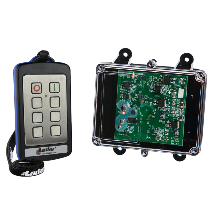 The 2 Function Stainless Steel IP Wireless Control System from Lodar LTD's 92 Series, featuring a FET Receiver, includes buttons placed alongside a clear-cased electronic circuit board, making it perfect for industrial environments.