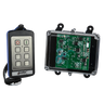 The 2 Function Stainless Steel IP Wireless Control System from Lodar LTD's 92 Series, featuring a FET Receiver, includes buttons placed alongside a clear-cased electronic circuit board, making it perfect for industrial environments.