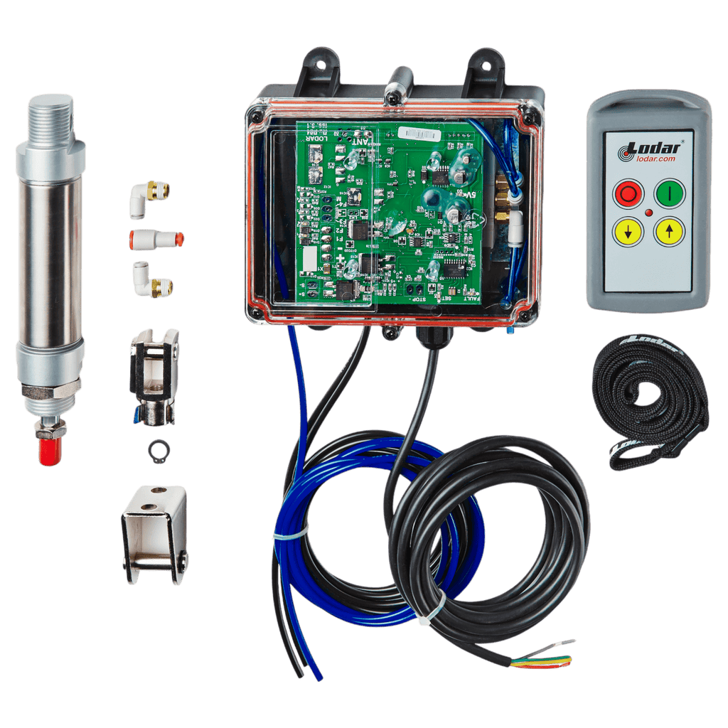 The Lodar Service 2 Function Standard Wireless Actuator Control System (92 Series, FET Air Receiver) includes remote, cables, metal cylinder, connectors, and mounting accessories—ideal for hydraulic systems or wireless air actuator integration.