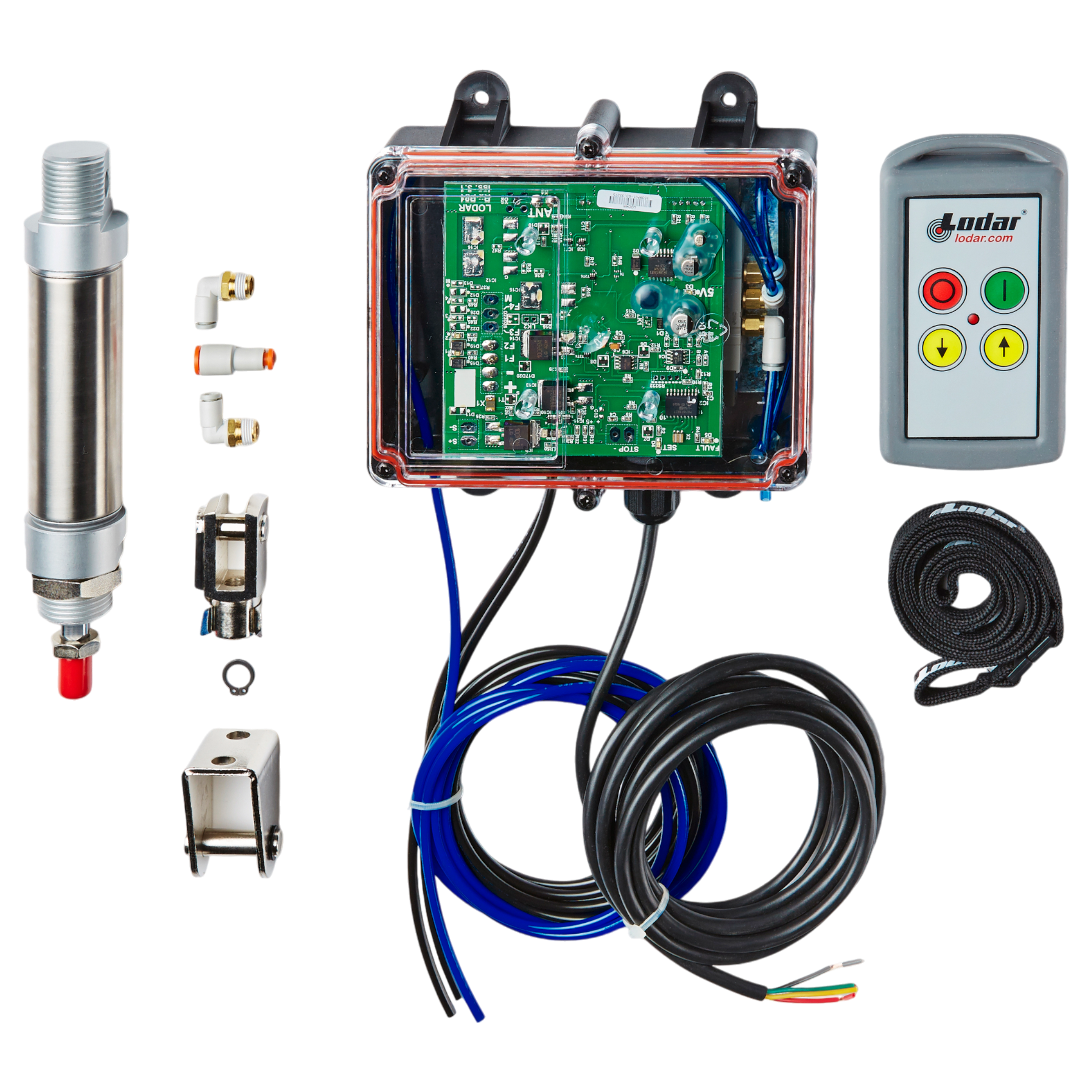 Introducing the 2 Function Standard Wireless Actuator Control System by Lodar LTD, part of the 92 Series with FET Air Receiver. This advanced electronic system includes a circuit board, sensors, and wiring, efficiently paired with a wireless air actuator to ensure seamless compatibility with your air compressor. The sophisticated remote control is elegantly showcased against a sleek black background.