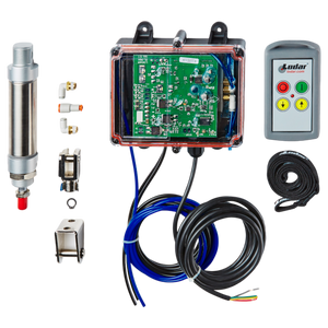 Introducing the 2 Function Standard Wireless Actuator Control System by Lodar LTD, part of the 92 Series with FET Air Receiver. This advanced electronic system includes a circuit board, sensors, and wiring, efficiently paired with a wireless air actuator to ensure seamless compatibility with your air compressor. The sophisticated remote control is elegantly showcased against a sleek black background.