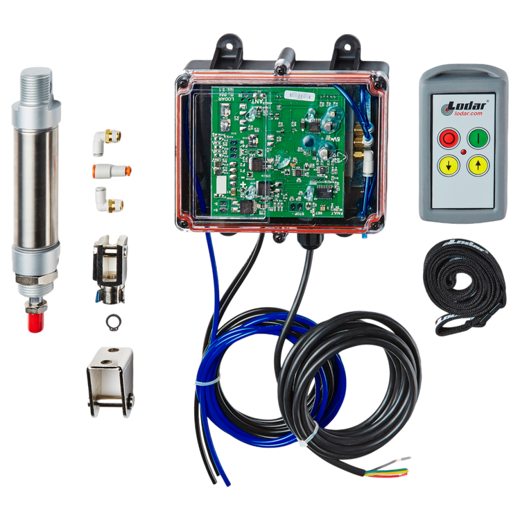 Introducing the 2 Function Standard Wireless Actuator Control System by Lodar LTD, part of the 92 Series with FET Air Receiver. This advanced electronic system includes a circuit board, sensors, and wiring, efficiently paired with a wireless air actuator to ensure seamless compatibility with your air compressor. The sophisticated remote control is elegantly showcased against a sleek black background.