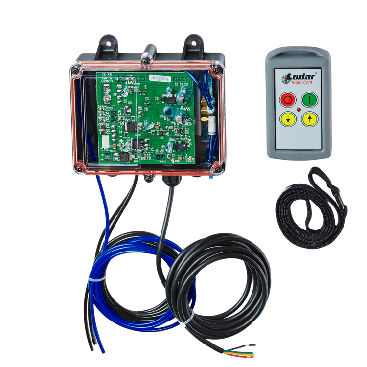 Introducing the Lodar LTD 2 Function Standard Wireless Actuator Control System from the 92 Series, shown against a black background. This system features an electronic circuit board with cables, accompanied by a remote control and a convenient strap. It includes a Lodar-specific FET air receiver and is compatible with any standard transmitter for seamless operation. Note: No actuators are included in this package.