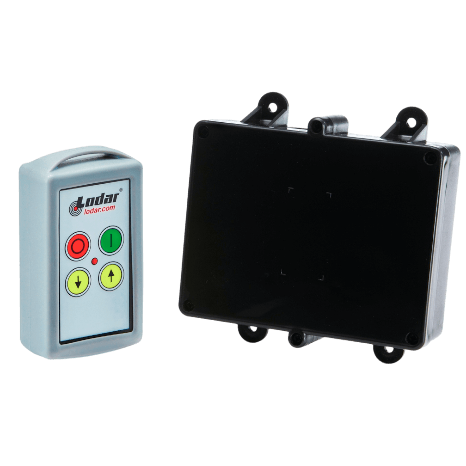 Introducing the Lodar LTD 2 Function Standard Wireless Control System from the 90 Series: This device is equipped with a four-button remote control and includes a versatile black electronic box with convenient mounting holes, making it ideal for seamless integration with solenoid-operated equipment or as a relay receiver for your existing Lodar system.