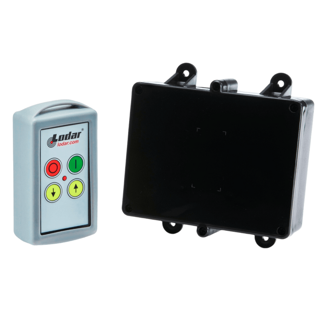 Lodar LTD's 2 Function Standard Wireless Control System from the 90 Series features a black relay receiver and remote control with green, red, and yellow buttons, offering seamless integration into wireless operations.