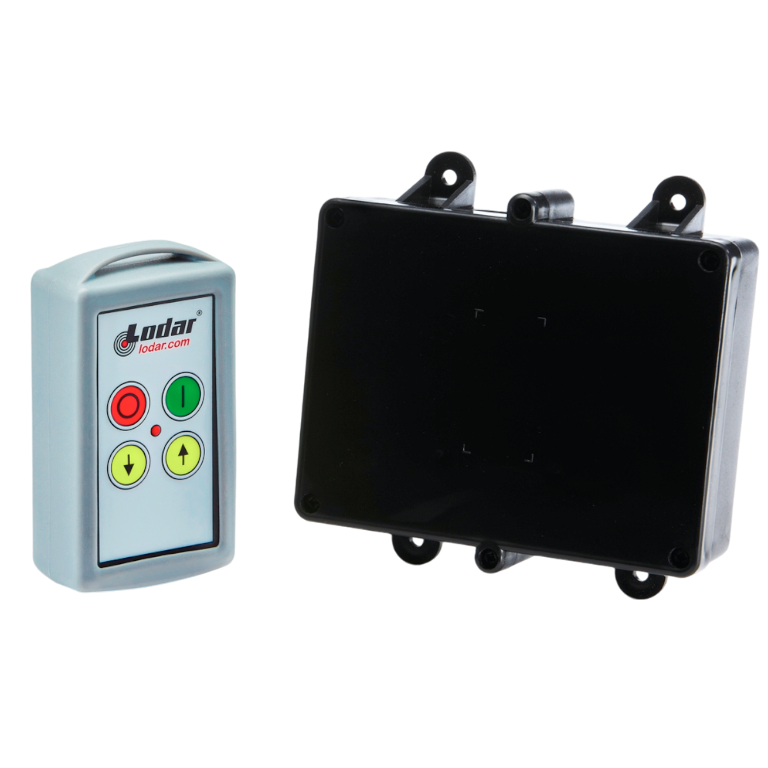 Lodar LTD's 2 Function Standard Wireless Control System from the 90 Series features a black relay receiver and remote control with green, red, and yellow buttons, offering seamless integration into wireless operations.