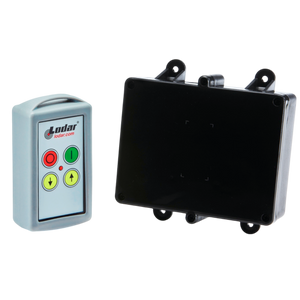 Lodar LTD's 2 Function Standard Wireless Control System from the 90 Series features a black relay receiver and remote control with green, red, and yellow buttons, offering seamless integration into wireless operations.