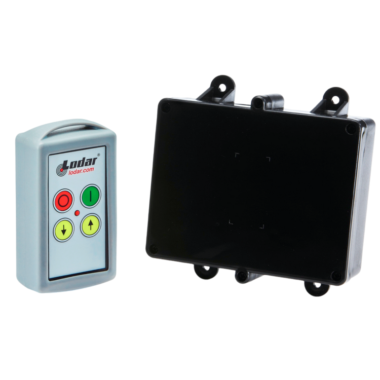 Lodar LTD's 2 Function Standard Wireless Control System from the 90 Series features a black relay receiver and remote control with green, red, and yellow buttons, offering seamless integration into wireless operations.