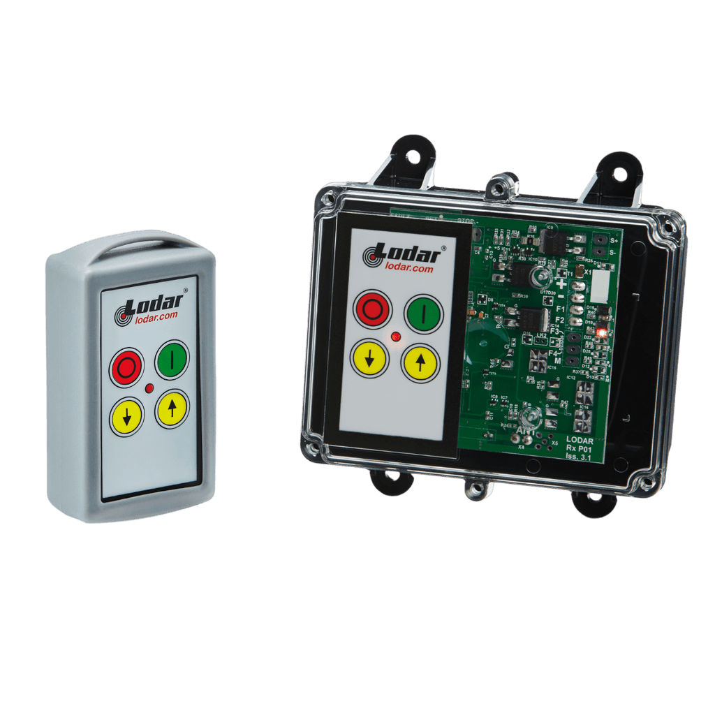 The 2 Function Standard Wireless Control System, part of the 92 Series by Lodar LTD, includes a remote control and an FET Keypad Receiver with an electronic circuit board featuring buttons for up, down, and stop. This setup is perfect for stabilization applications, offering precision and ease of use.