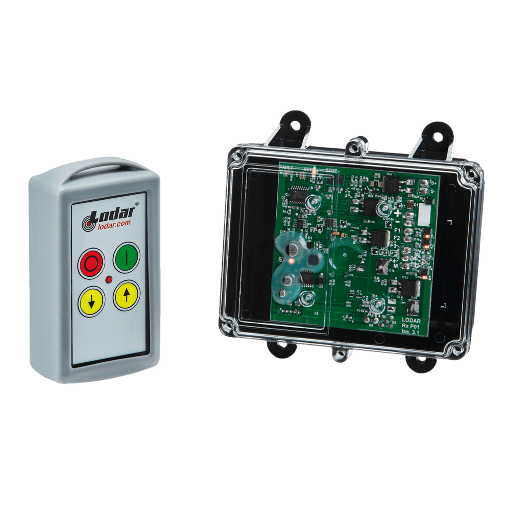 The 92 Series 2 Function Standard Wireless Control System by Lodar LTD features buttons and an electronic circuit board encased in a transparent shell, exemplifying a sleek wireless control solution.