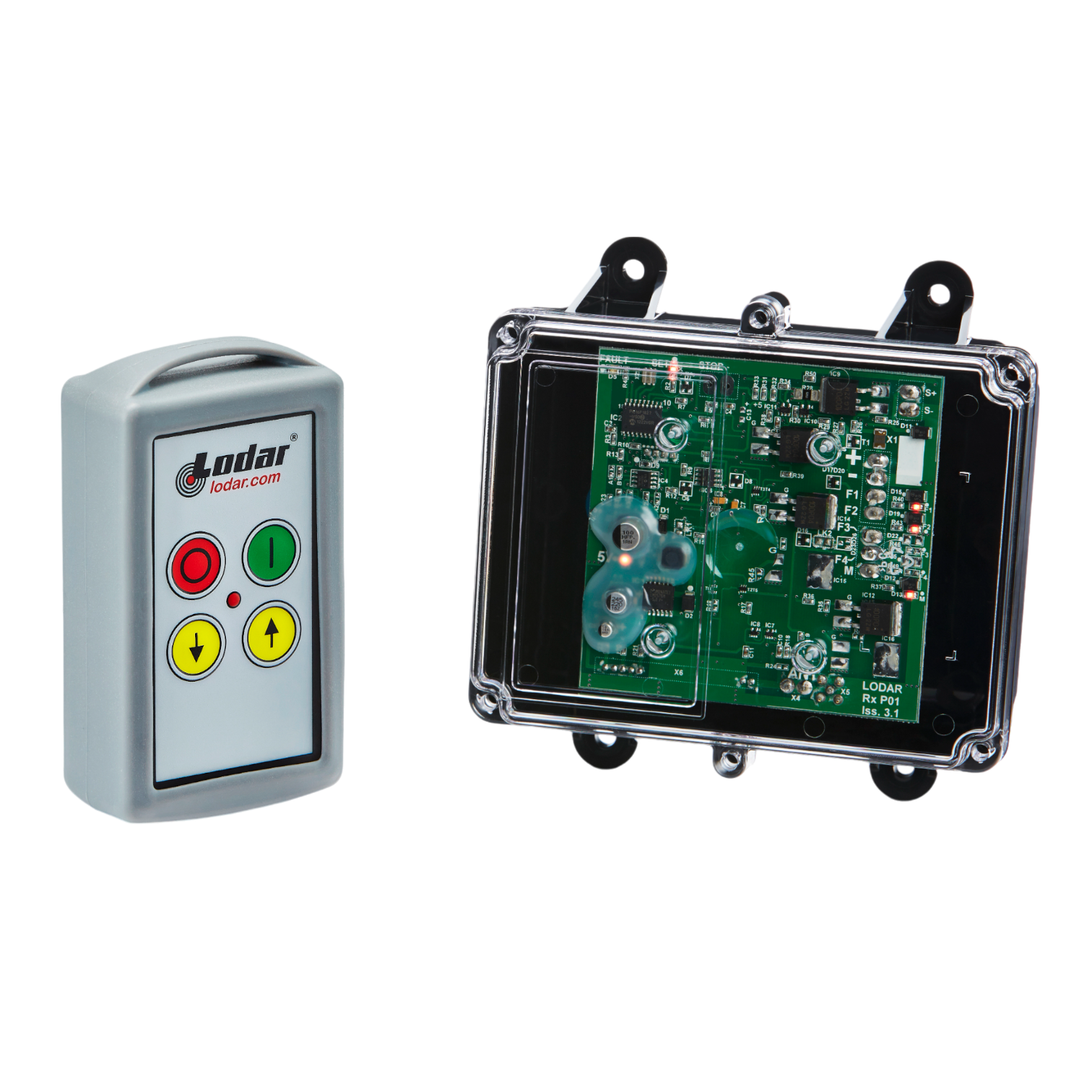 The 92 Series 2 Function Standard Wireless Control System by Lodar LTD features buttons and an electronic circuit board encased in a transparent shell, exemplifying a sleek wireless control solution.