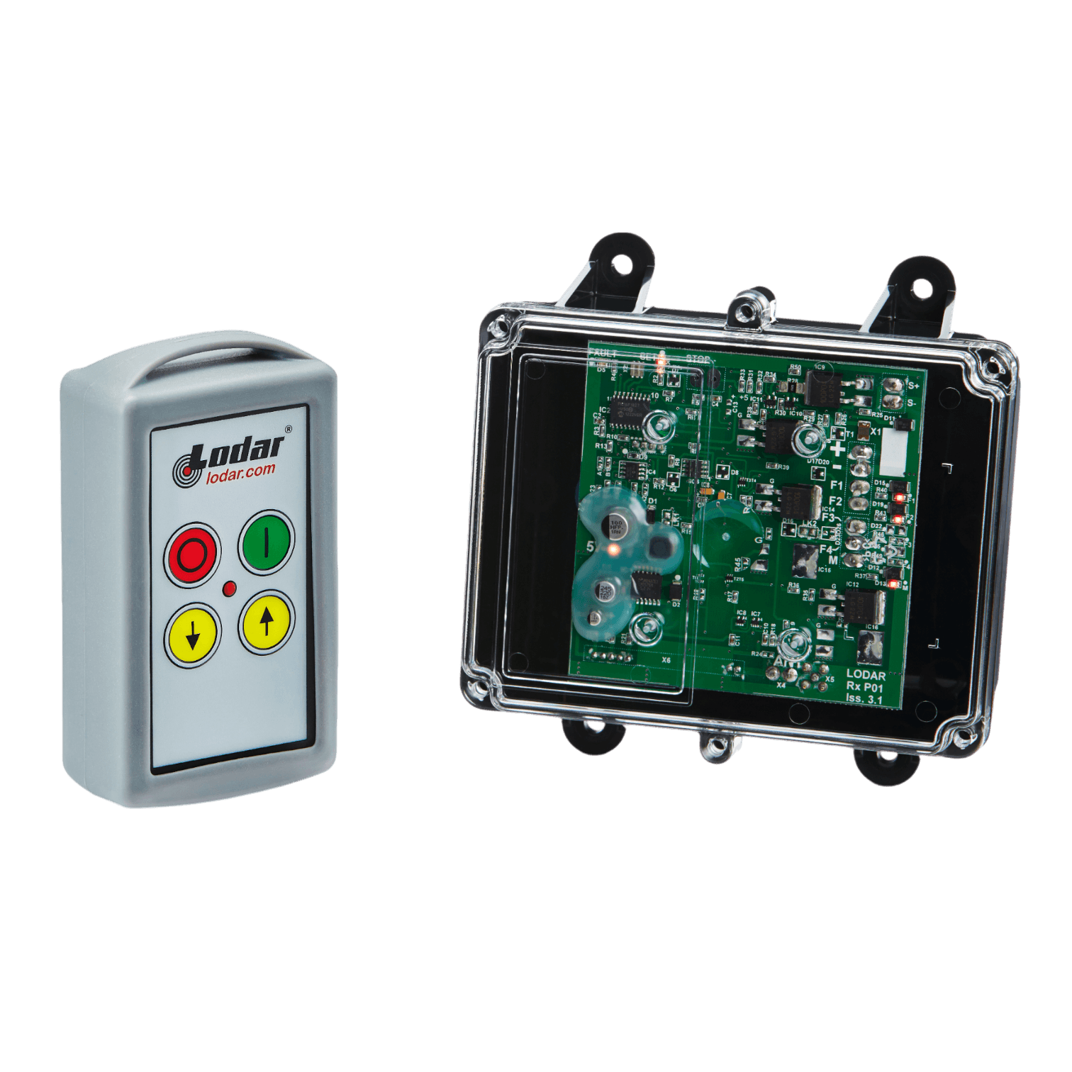 The 92 Series 2 Function Standard Wireless Control System by Lodar LTD features buttons and an electronic circuit board encased in a transparent shell, exemplifying a sleek wireless control solution.