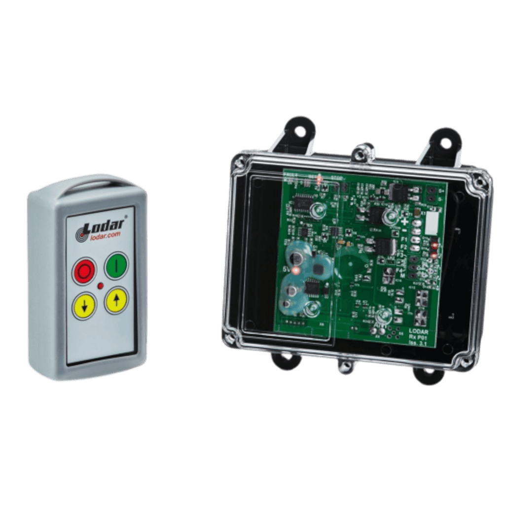 A Lodar LTD 92 Series 2 Function Standard Wireless Control System features a durable FET Receiver with buttons and an exposed electronic circuit board, all encased in a transparent plastic shell.