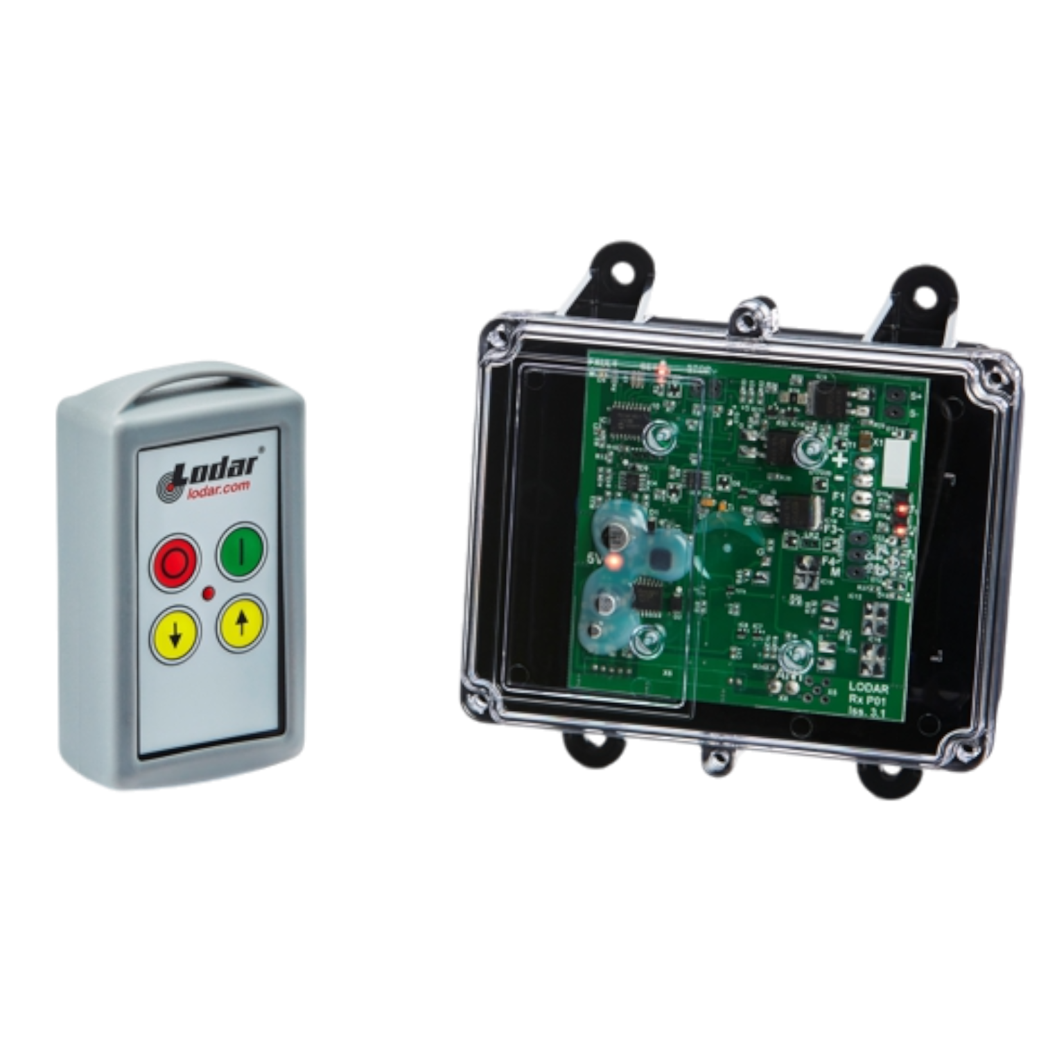 A Lodar LTD 92 Series 2 Function Standard Wireless Control System features a durable FET Receiver with buttons and an exposed electronic circuit board, all encased in a transparent plastic shell.