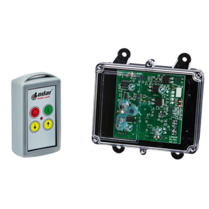 A Lodar LTD 92 Series 2 Function Standard Wireless Control System features a durable FET Receiver with buttons and an exposed electronic circuit board, all encased in a transparent plastic shell.