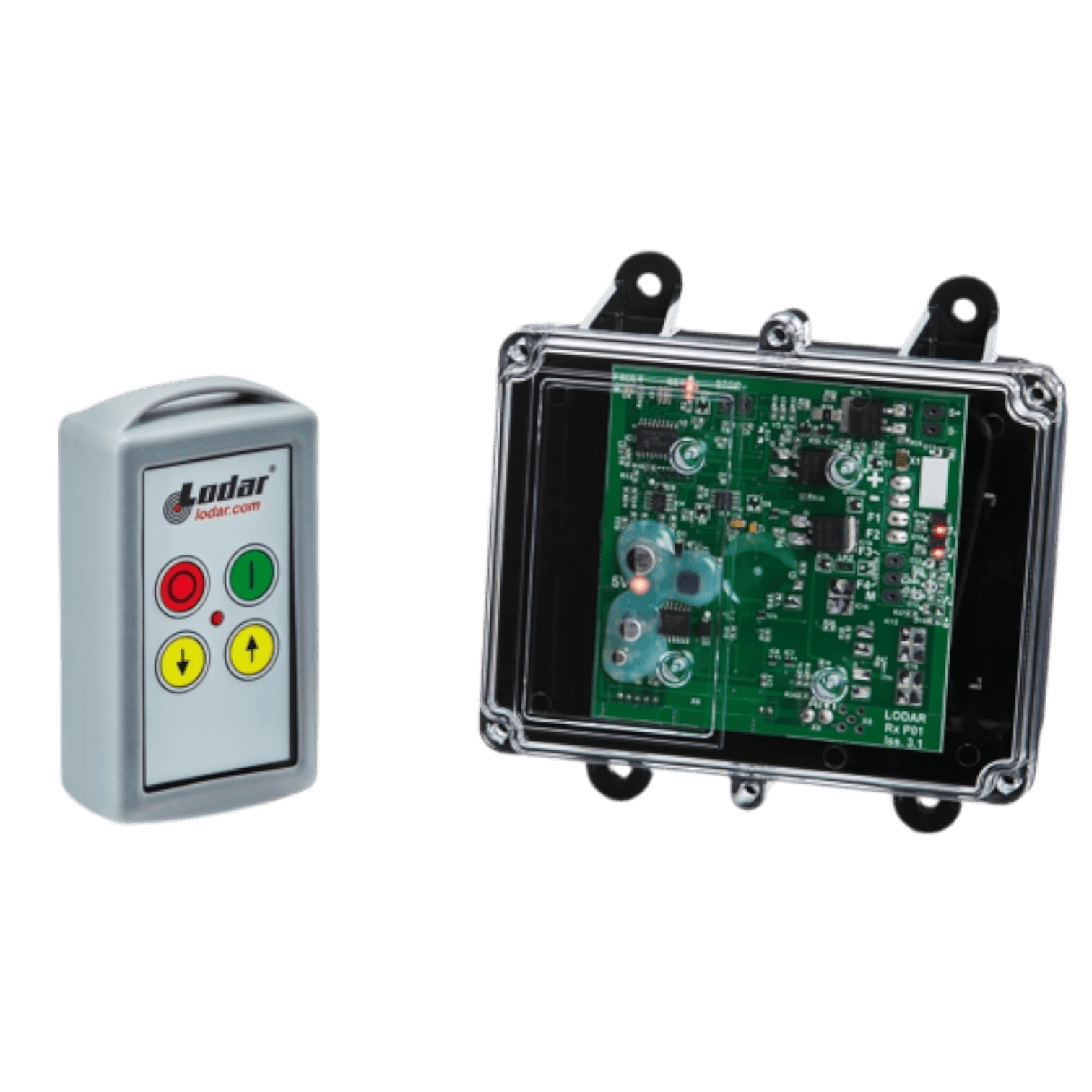 A Lodar LTD 92 Series 2 Function Standard Wireless Control System features a durable FET Receiver with buttons and an exposed electronic circuit board, all encased in a transparent plastic shell.
