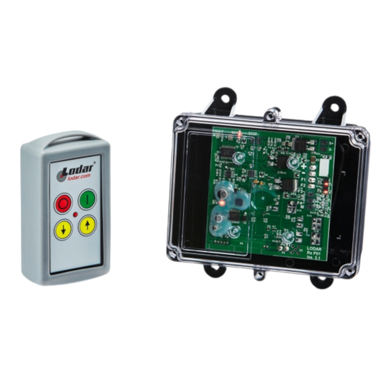 A Lodar LTD 92 Series 2 Function Standard Wireless Control System features a durable FET Receiver with buttons and an exposed electronic circuit board, all encased in a transparent plastic shell.