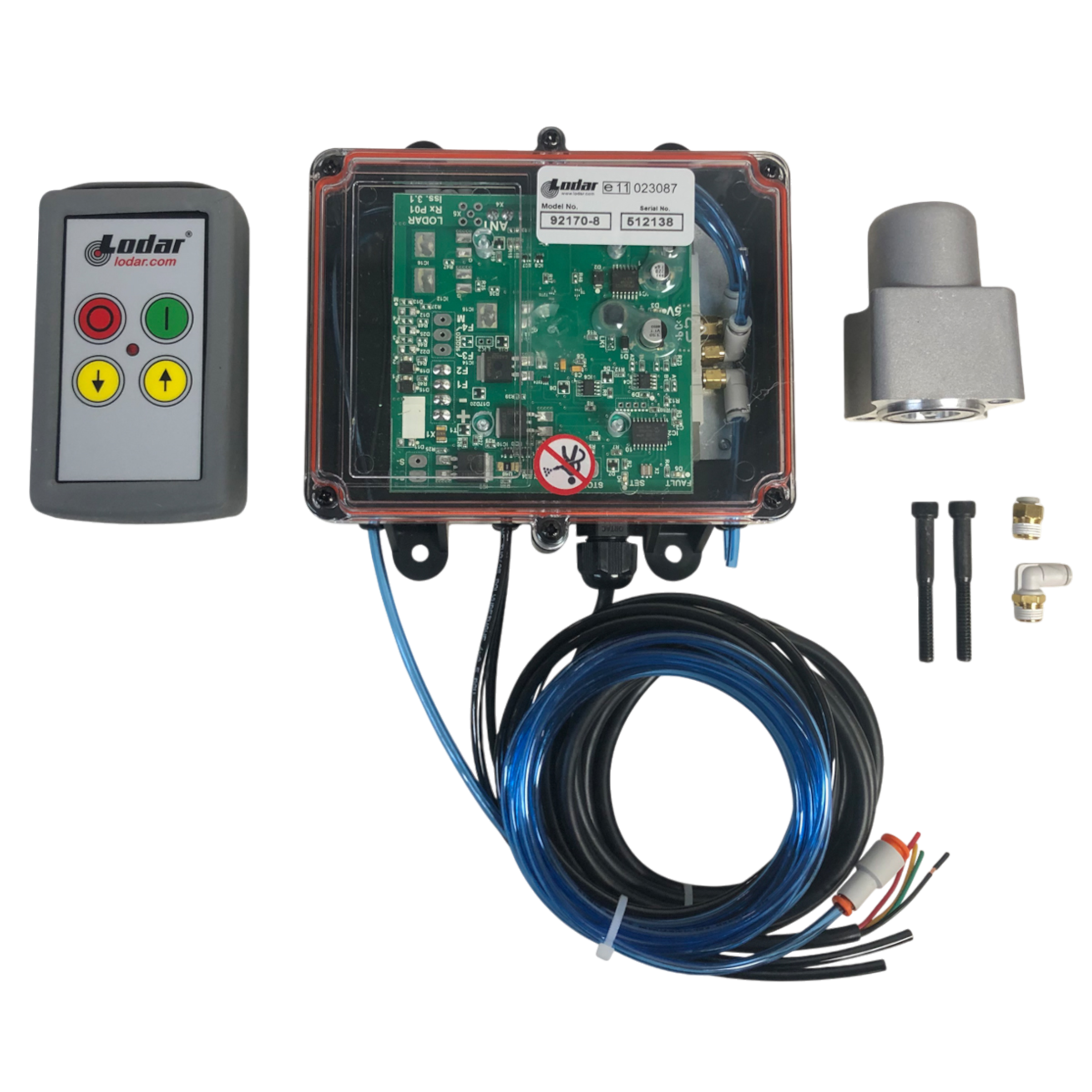 2 Function Wireless Air System with a circuit board, remote control, cables, connectors, and a small metal component featuring bolt-on actuator compatibility by PIERCE on a sleek black background.
