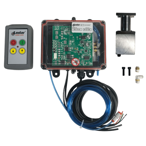 The PIERCE 2 Function Direct Mount Wireless Air System – Jerr-Dan (Husco Valves) includes remote control, Husco valve actuator, circuit box, cables, bracket, screws, and connectors—ideal for compact hydraulic and wireless valve control setups.