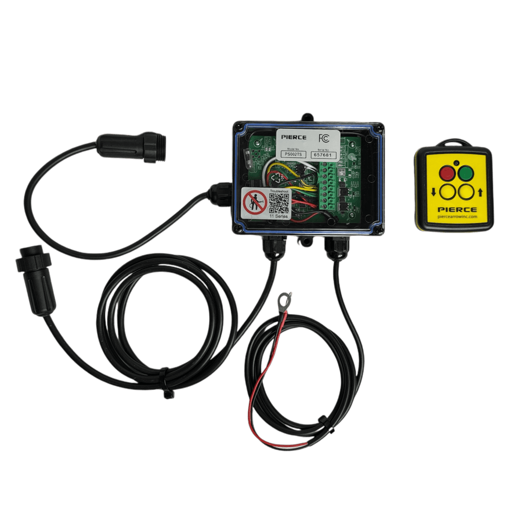 The Lodar LTD 2 Function Wireless Control System for Dump Trailer includes an electronic control box, cables, and a yellow remote with colored buttons for use with KTI hydraulic pumps in dump trailer wireless applications.