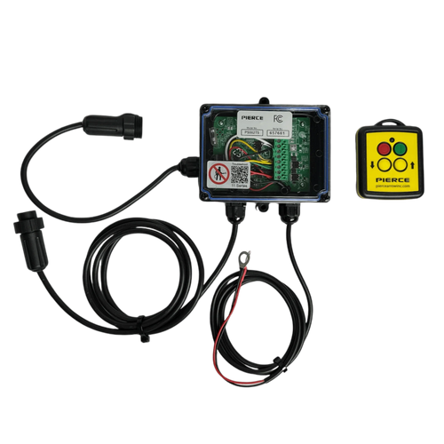 The Lodar LTD 2 Function Wireless Control System for Dump Trailer includes an electronic control box, cables, and a yellow remote with colored buttons for use with KTI hydraulic pumps in dump trailer wireless applications.