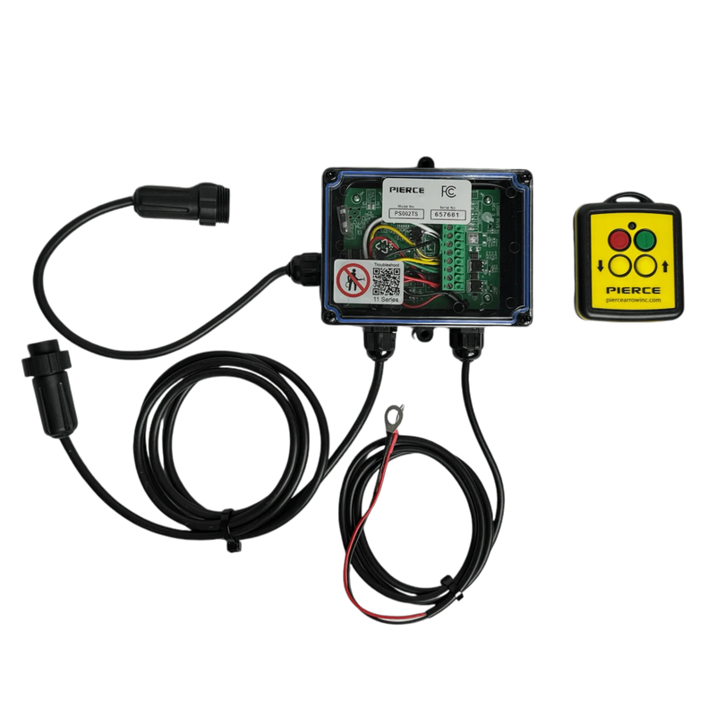 The Lodar LTD 2 Function Wireless Control System for Dump Trailer includes an electronic control box, cables, and a yellow remote with colored buttons for use with KTI hydraulic pumps in dump trailer wireless applications.
