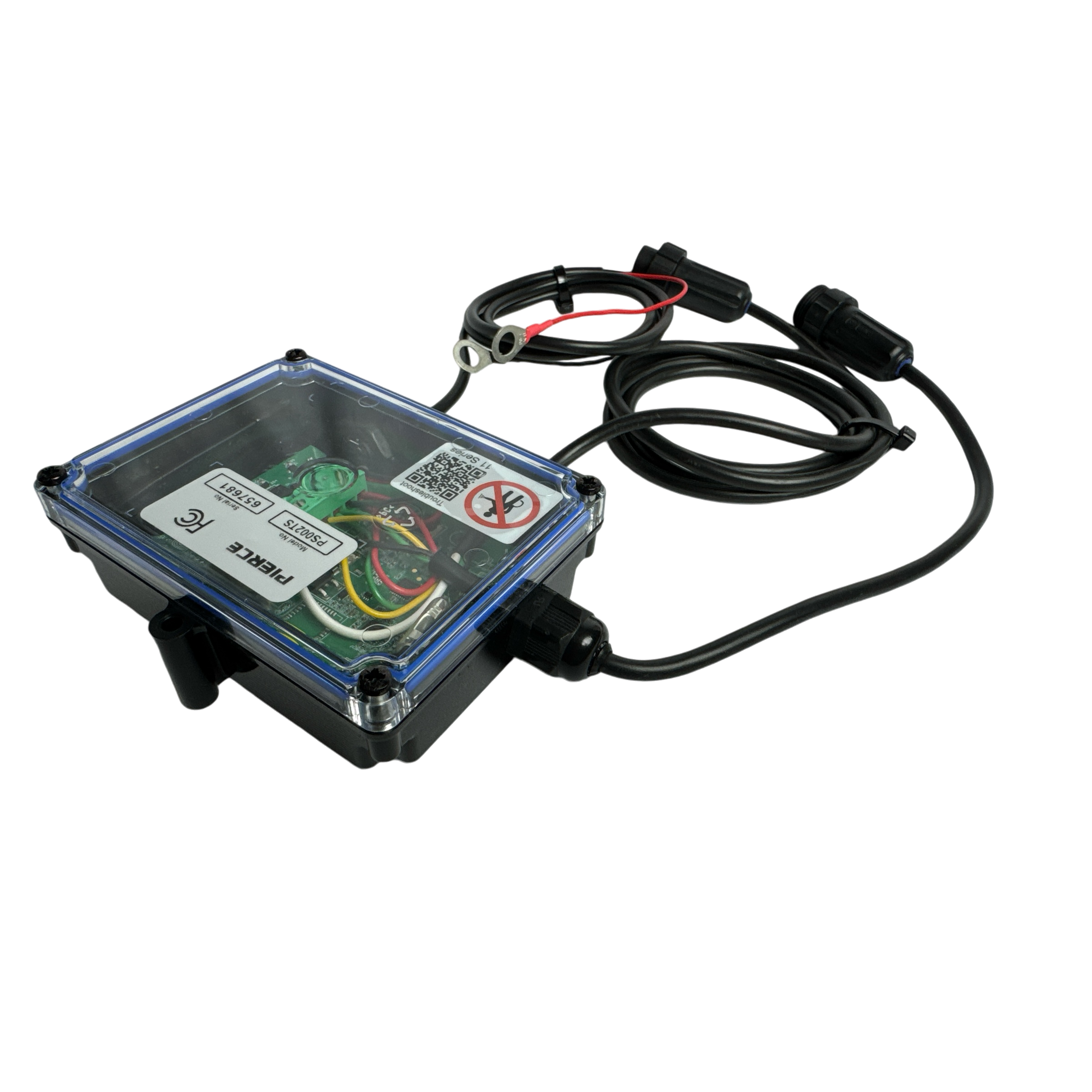 The 2 Function Wireless Control System for Dump Trailer by PIERCE is a transparent electronic device that reveals its internal components, including cables and connectors, against a sleek black background.