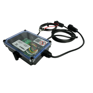 The 2 Function Wireless Control System for Dump Trailer by PIERCE is a transparent electronic device that reveals its internal components, including cables and connectors, against a sleek black background.