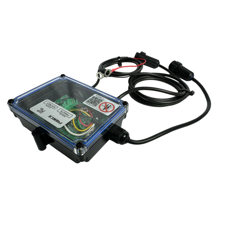The 2 Function Wireless Control System for Dump Trailer by PIERCE is a transparent electronic device that reveals its internal components, including cables and connectors, against a sleek black background.