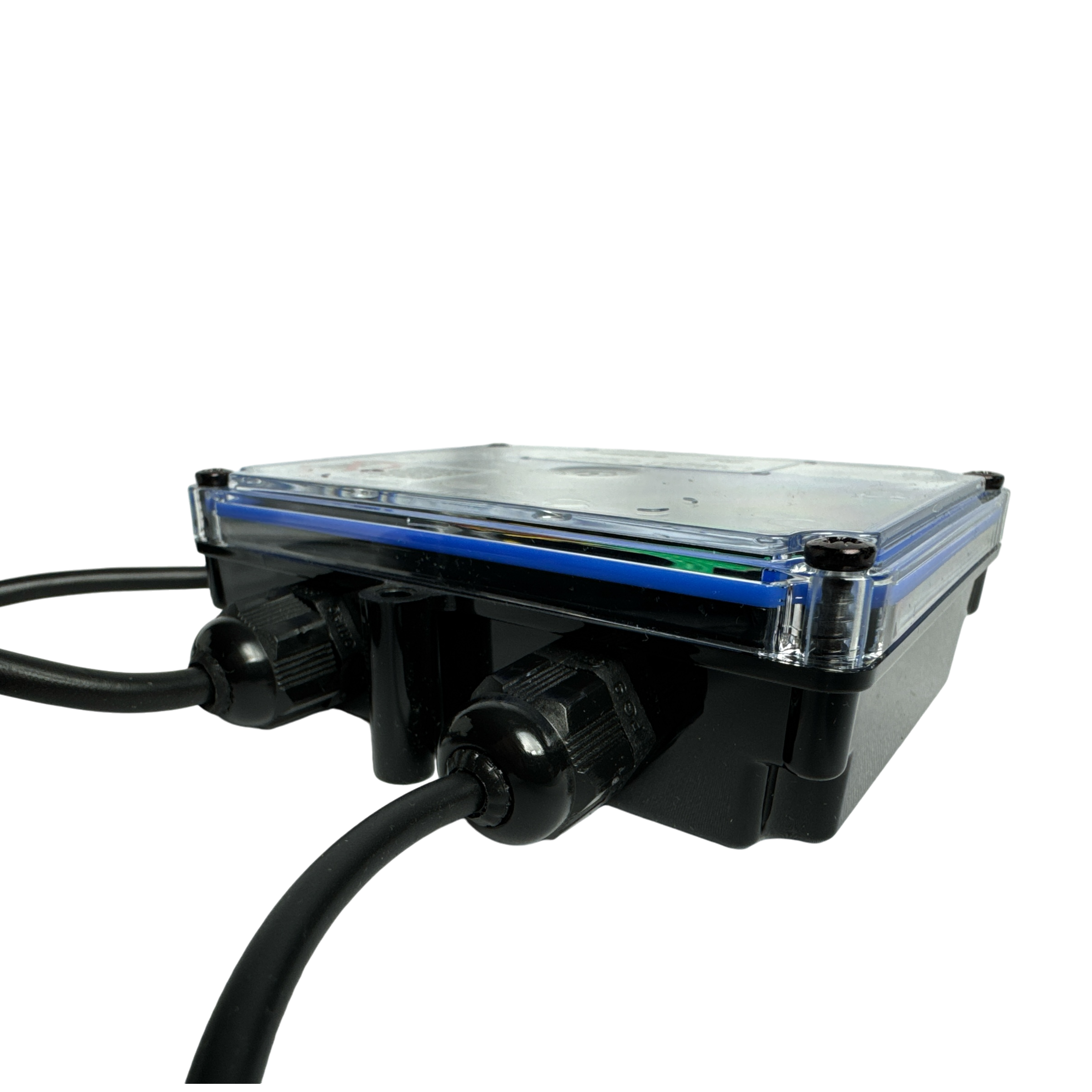 The 2 Function Wireless Control System for Dump Trailer by PIERCE is an elegant black, rectangular electronic device with cables, boasting a clear top with blue edges and effortlessly integrating with wireless systems.