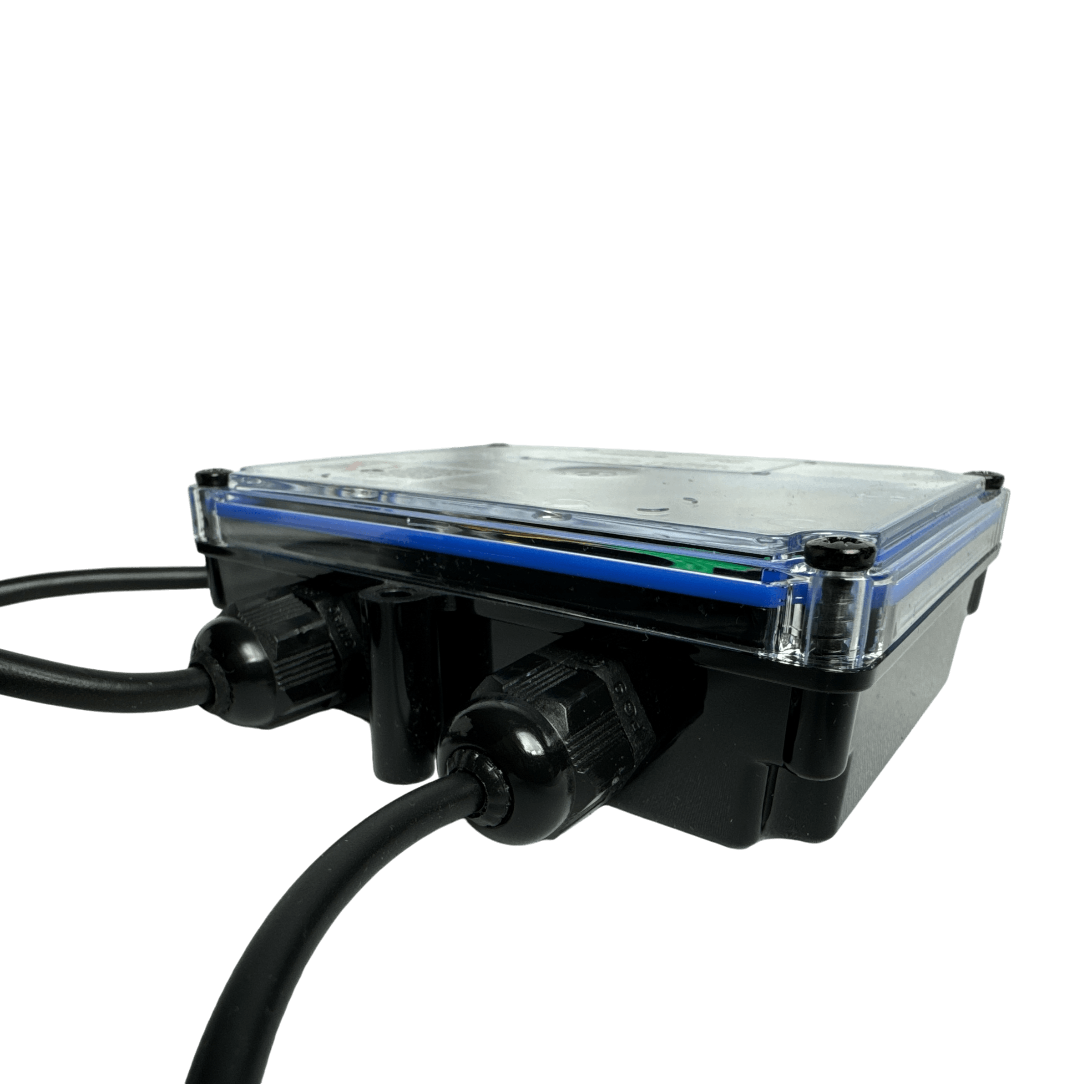 The Lodar LTD 2 Function Wireless Control System for Dump Trailer features a black electronic junction box with a clear lid and two cables, perfect for use with dump trailers or KTI hydraulic pumps, shown on a white background.