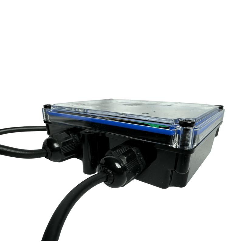 The Lodar LTD 2 Function Wireless Control System for Dump Trailer features a black electronic junction box with a clear lid and two cables, perfect for use with dump trailers or KTI hydraulic pumps, shown on a white background.