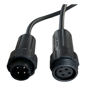 Two black connectors with multiple pins from the PIERCE 2 Function Wireless Control System for Dump Trailer are positioned on a black background, showcasing both ends and reflecting the precision engineering typical of hydraulic pumps.