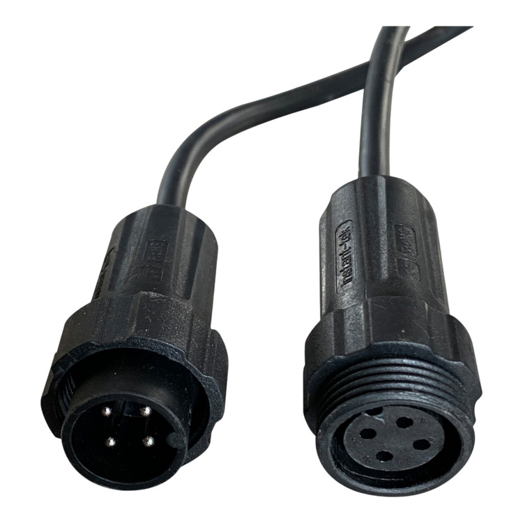 Two black connectors with multiple pins from the PIERCE 2 Function Wireless Control System for Dump Trailer are positioned on a black background, showcasing both ends and reflecting the precision engineering typical of hydraulic pumps.